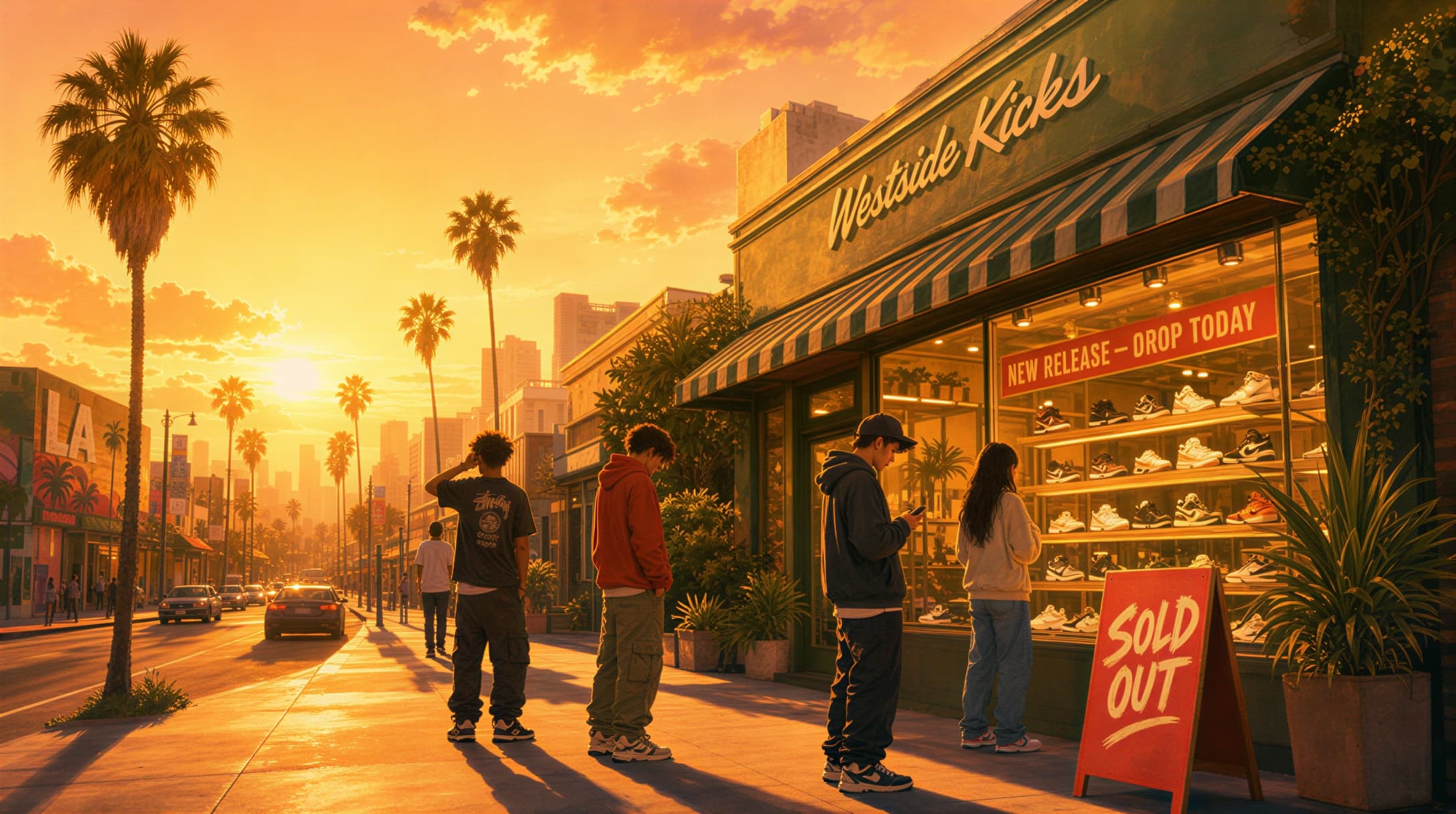 A group of shoppers outside an LA sneaker shop at golden hour, looking at a sold-out release in the window.